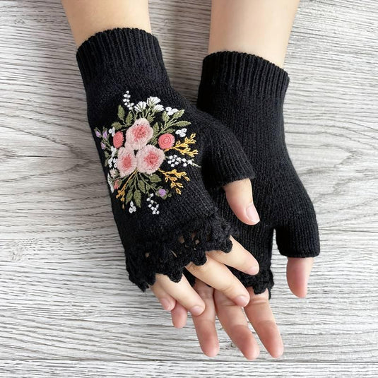 Floral Knit Fingerless Gloves