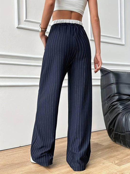 Drawstring Pinstripe Wide-Leg Pants