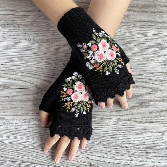 Floral Knit Fingerless Gloves