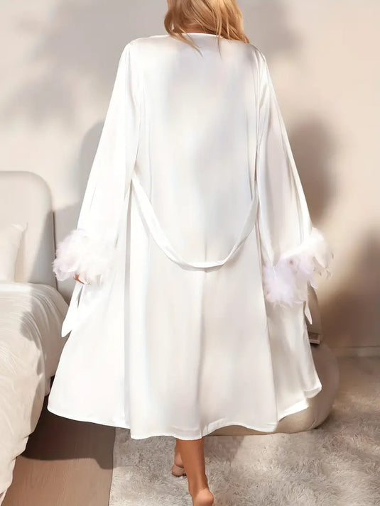 Feather Trim Satin Robe