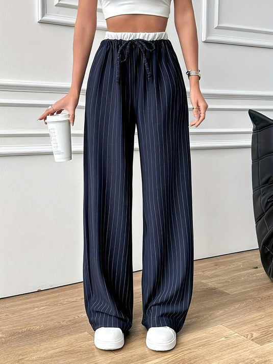 Drawstring Pinstripe Wide-Leg Pants